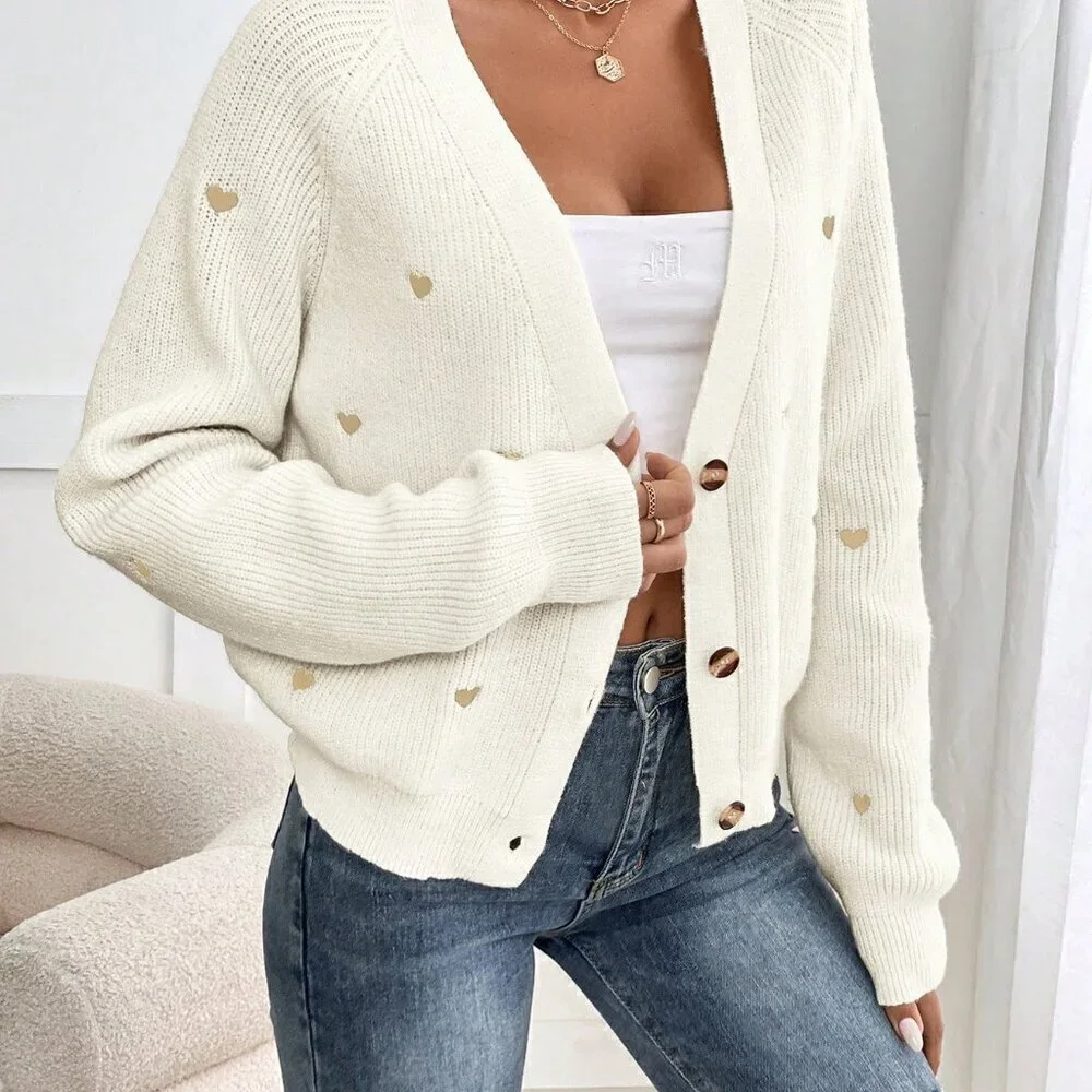 White Casual Women's Cardigan With Heart Embroidery